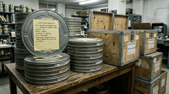 Deposito de archivo filmico con latas de 35 milimetros apiladas sobre una mesa de madera. Sobre una de ellas hay un acta de inspeccion de copia completada a mano, y al costado se ven cajones de transporte rotulados como pelicula de cine.